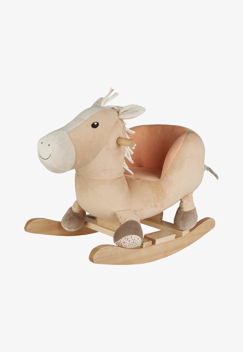 Cavallo a dondolo in peluche con corpo beige, tessuto morbido e rockers in legno. Presenta un viso sorridente, criniera finta e dettagli floreali sugli zoccoli.