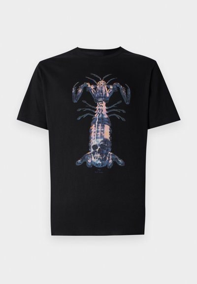 Black cotton t-shirt featuring a graphic of a lobster with a skull design. The print incorporates shades of blue and purple.