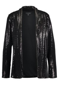 Černý flitrový blazer s otevřeným předním dílem, lesklou texturou a dlouhými rukávy. Má hladkou vnitřní podšívku a žádné zapínání.