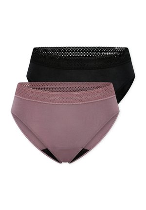 Deux slips pour femmes en coton, l'un mauve et l'autre noir, chacun doté d'une large ceinture en maille avec des motifs circulaires.