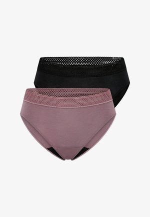 Deux slips pour femmes en coton, l'un mauve et l'autre noir, chacun doté d'une large ceinture en maille avec des motifs circulaires.