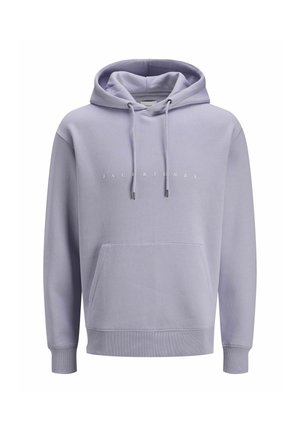 Világos lila kapucnis pulóver, puha anyagból készült, elülső kenguru zsebbel, húzózsinórokkal, és diszkrét "JACK & JONES" felirattal, fehér színben.