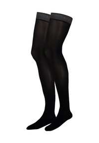 Opake schwarze Strumpfhosen mit einem dunkelgrauen strukturierten Bund, die aus glattem, gleichmäßigem Stoff ohne Muster oder Verzierungen bestehen.