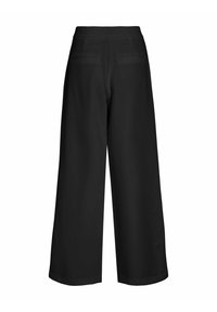 Pantaloni neri a gamba larga con vita alta e due tasche a filetto sul retro, mostrati da dietro su uno sfondo bianco.