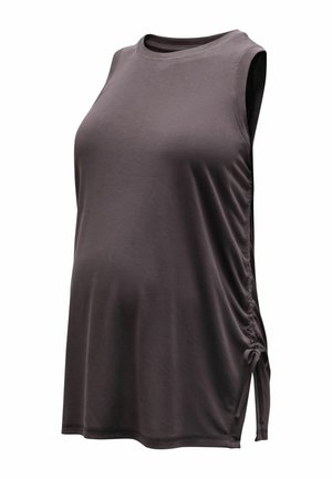 Sleeveless dark gray maternity tank top with side ruched drawstring and round neckline, designed for comfort and stretch.