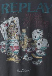 Spelkort, pokerchips, tärningar och ett välvnt glas med spilld vätska, med texten "REPLAY HIGH STAKES" och "Good Luck!" på mörk bakgrund.