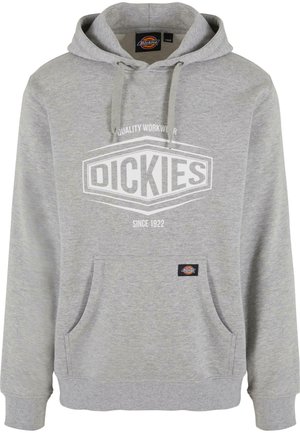 Sivi dukserica s prednjim kengurudžepom, kapuljačom s vezicom i velikim bijelim logotipom koji sadrži "DICKIES" i "SINCE 1922" na prsima.