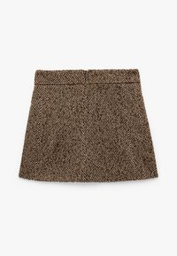 Ruskean herringbone-kuosiset hameet, joissa on levenevä muotoilu, vyötärönauha ja takakiinnitys. Teksturoitu kangas, jossa on pystyviivat.