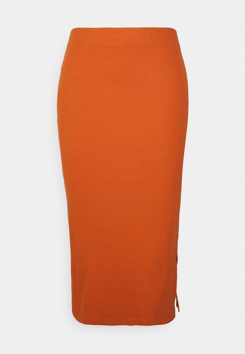 Jupe orange longueur genou, coupe droite avec une fente latérale discrète en tissu côtelé.