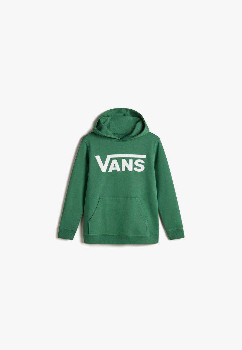Sweatshirt à capuche verte en tissu mélangé coton. Il présente une poche kangourou à l'avant et un grand logo blanc "VANS" sur la poitrine.