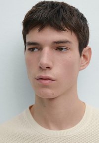 Primo piano di un modello maschile con capelli corti e scuri. Indossa un maglione lavorato a maglia beige chiaro con collo a girocostina.