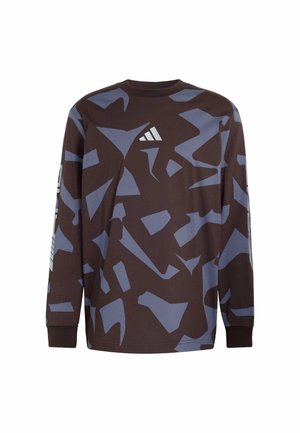 Maglietta marrone a maniche lunghe con motivi astratti blu. Tessuto morbido, collo a giro, con logo Adidas sul petto. Polsini e orlo di colore marrone uniforme.