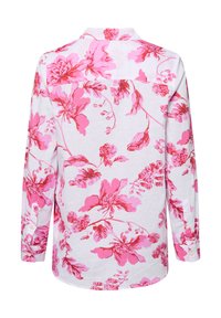 Weißes langärmliges Hemd mit einem lebhaften rosa Blumenmuster. Mit Knopfmanschetten, klassischem Kragen und einem Rückenpasse-Detail.