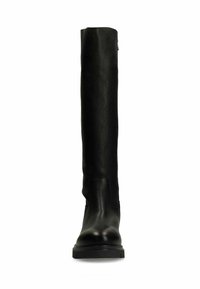 Black leather knee-high boot with a textured shaft, rounded toe, and sturdy rubber sole. Features are minimalistic with no visible embellishments.