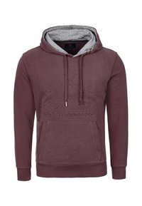 Burgundy hoodie med grå insida, med en framficka och prägla logotypdesign. Tillverkad av mjukt, andningsbart tyg.