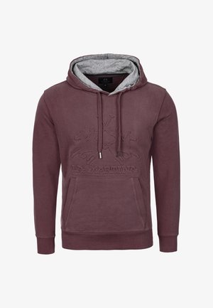 Bordeauxfarbener Hoodie mit grauem Innenfutter, ausgestattet mit einer frontalen Kängurutasche und einem geprägten Logodesign. Hergestellt aus weichem, atmungsaktivem Stoff.