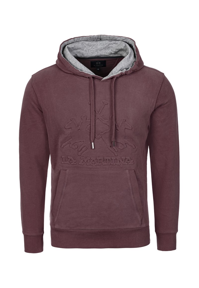 Burgundy hoodie med grå insida, med en framficka och prägla logotypdesign. Tillverkad av mjukt, andningsbart tyg.