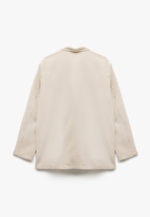 Blazer ligero beige con cuello, mangas largas y corte recto. Textura suave con detalles de costura mínimos. Vista trasera.