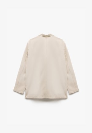 Beżowa, lekka marynarka z kołnierzykiem, długimi rękawami i prostym krojem. Gładka struktura z minimalnymi przeszyciami. Widok z tyłu.