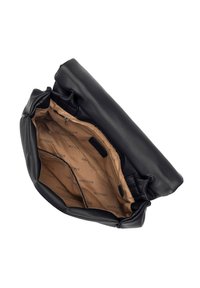 Sac en cuir noir avec un intérieur spacieux, doté d'une doublure en tissu beige et d'un branding subtil. L'ouverture est douce et pliable.