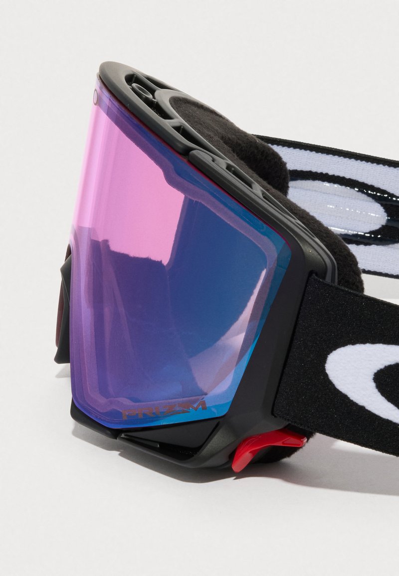 Gafas de esquí con un marco negro, lentes espejados en azul y rosa, acolchado suave y correa negra ajustable con acentos de logo en blanco.