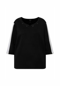 Czarna bluzka z okrągłym dekoltem, ozdobiona srebrnymi oczkami oraz koronkowymi detalami, z białymi paskami na rękawach. Miękka tekstura, luźny krój.