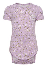 Lilas kortärmad bodysuit med ett blommönster i rosa och grönt. Har tryckknappar i botten och en logotyp på framsidan.