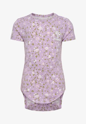 Bodysuit lilas à manches courtes avec un motif floral rose et vert. Doté de fermetures à pression au bas et d'un logo à l'avant.