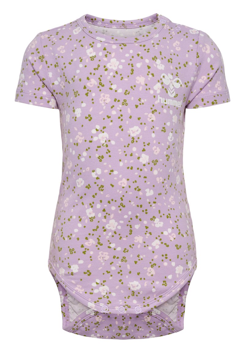 Lilas kortärmad bodysuit med ett blommönster i rosa och grönt. Har tryckknappar i botten och en logotyp på framsidan.