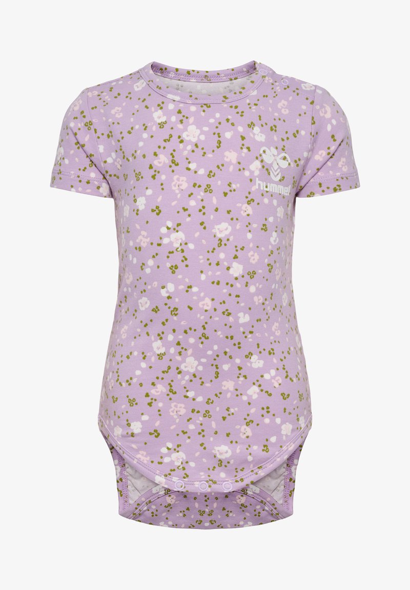 Lilas kortärmad bodysuit med ett blommönster i rosa och grönt. Har tryckknappar i botten och en logotyp på framsidan.