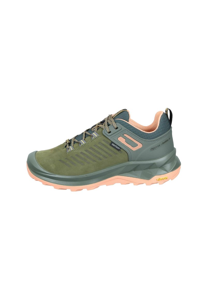 Green outdoor shoe featuring a textured upper, pink accents, and robust sole with a pronounced tread pattern for grip.
