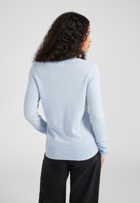 Pull en maille bleu clair avec des manches longues, des poignets et un ourlet côtelés, texture lisse, et un col rond, présenté de dos.