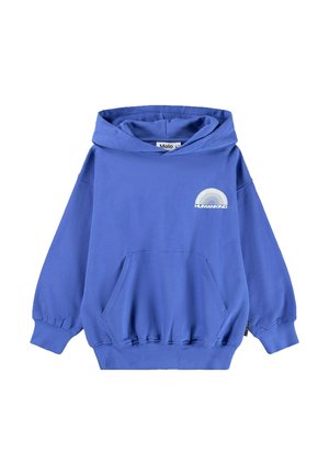 Hoodie bleu en coton doux, avec une poche kangourou, des poignets côtelés et un imprimé graphique d'un lever de soleil avec le texte "HUMANKIND".