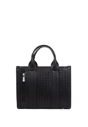 Borsa a mano in pelle nera intrecciata con due manici superiori e una tasca verticale con cerniera sul lato anteriore sinistro.