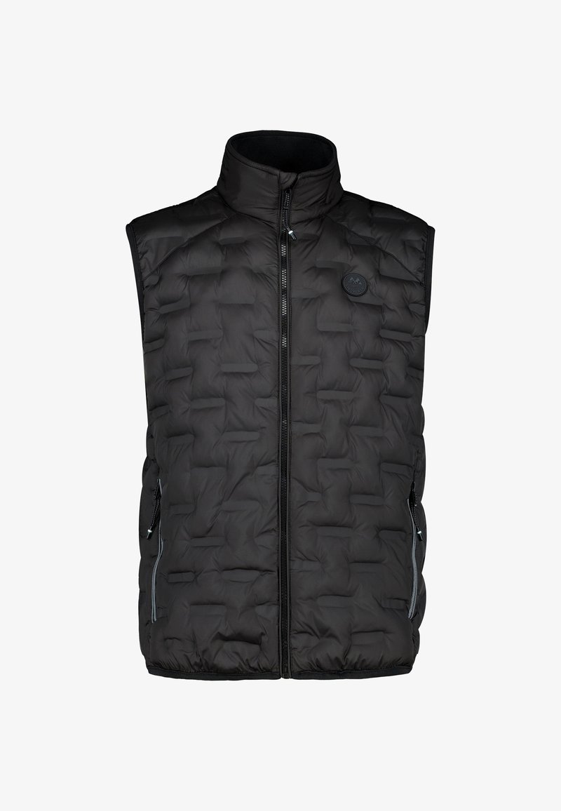 Chaleco negro acolchado sin mangas con cremallera frontal, cuello alto, bolsillos laterales con cremallera y logo circular en el pecho izquierdo.