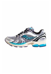 Scarpa da corsa da uomo con tomaia in mesh bianco, accenti blu e viola, dettagli neri, suola spessa e design aerodinamico.