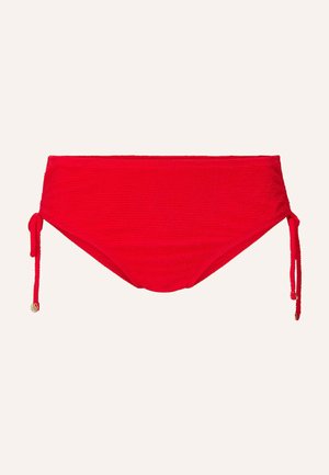 Rode hoog gesneden bikini onderkant van textuurstof, met verstelbare zijknoopjes. Eenvoudig design met minimale hardware accenten.