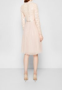 Abito a maniche corte, lungo fino al ginocchio, in tulle rosa chiaro con sovrapposizione di pizzo floreale e vita aderente. Include una zip nascosta sul retro e tacchi beige.