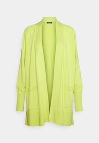 Cardigan vert citron ouvert à l'avant avec manches longues, deux poches avant et poignets et ourlet côtelés.