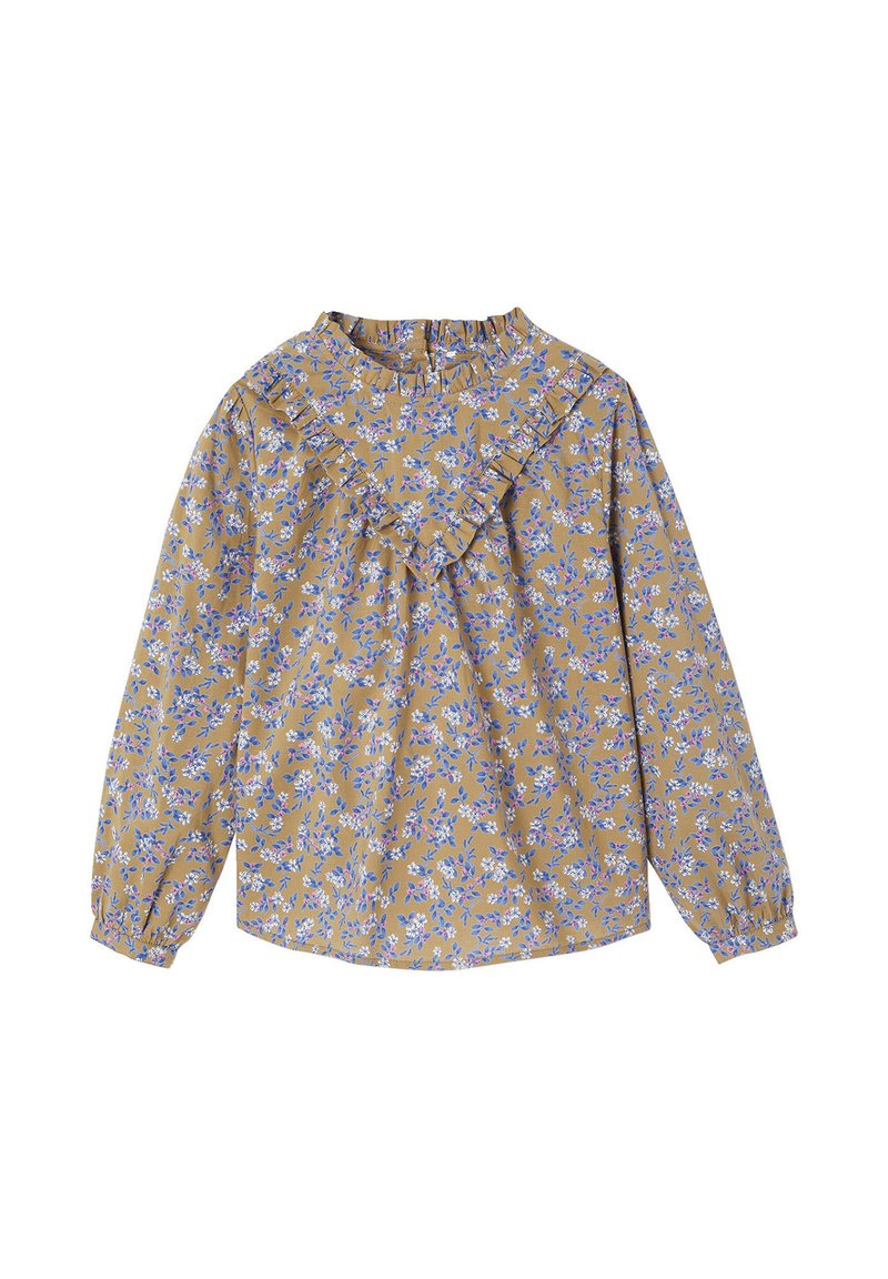 Blumenbluse in Senfgelb mit blauen und rosa Blumen. Verfügt über einen rüschenden Kragen, lange Ärmel und elastische Bündchen. Aus Baumwollmaterial.