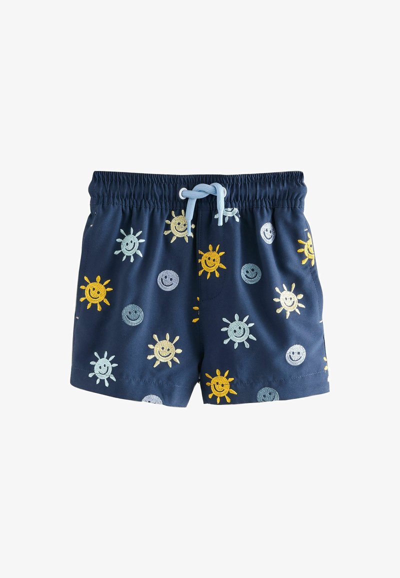 Navy blue children's shorts with elastic waist and light blue drawstring, decorated with yellow, beige, and light blue smiling sun and circle patterns.