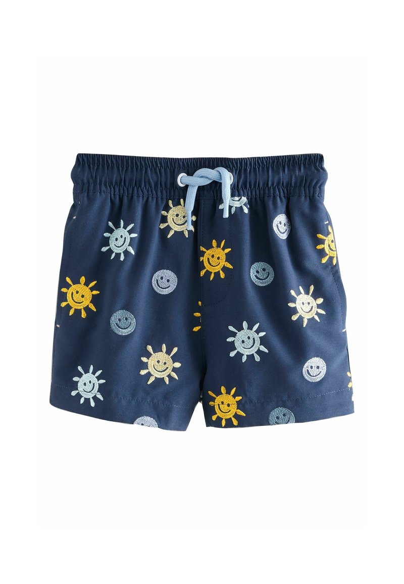 Shorts de bain navy avec des motifs brodés de soleil et de smiley en jaune, bleu clair et vert clair. Taille élastique avec cordon de serrage.