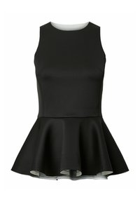 Svart peplum topp laget av glatt stoff med en tettsittende overkropp, rund halslinning og en utsvingt kant med ribbede detaljer på bunnen.