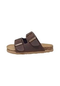 Sandalo scivoloso sintetico marrone con due cinture regolabili, fibbie metalliche e suola in sughero. Design piatto con una soletta testurizzata per il comfort.