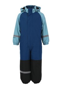 Combinaison imperméable bleue et bleu clair avec capuche, poignets élastiques et bandes réfléchissantes grises sur les bras et les jambes. Section inférieure noire.