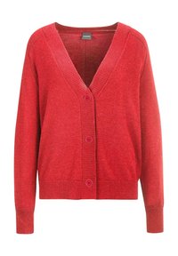 Rode cardigan met een v-hals, geribde manchetten en onderrand. Beschikt over vier grote knopen aan de voorkant. Zachte textuur, gebreide stof.