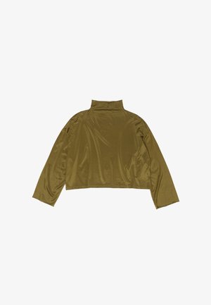 Olivno zelena odrezana majica z visokim ovratnikom, dolgimi rokavi in gladko, sijočo teksturo. Minimalistična zasnova, brez vidnih vzorcev ali kovinskih delov.