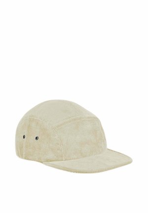 Beige corduroy five-panel cap with two black ventilation eyelets on the side and a flat curved brim.