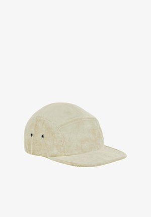 Beige Cord-Fünf-Panel-Cap mit zwei schwarzen Belüftungsösen an der Seite und einer flachen, gebogenen Krempe.