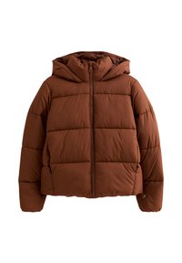 Brązowa kurtka puchowa z kapturem, z przednim suwakiem, długimi rękawami i poziomym pikowaniem na białym tle.